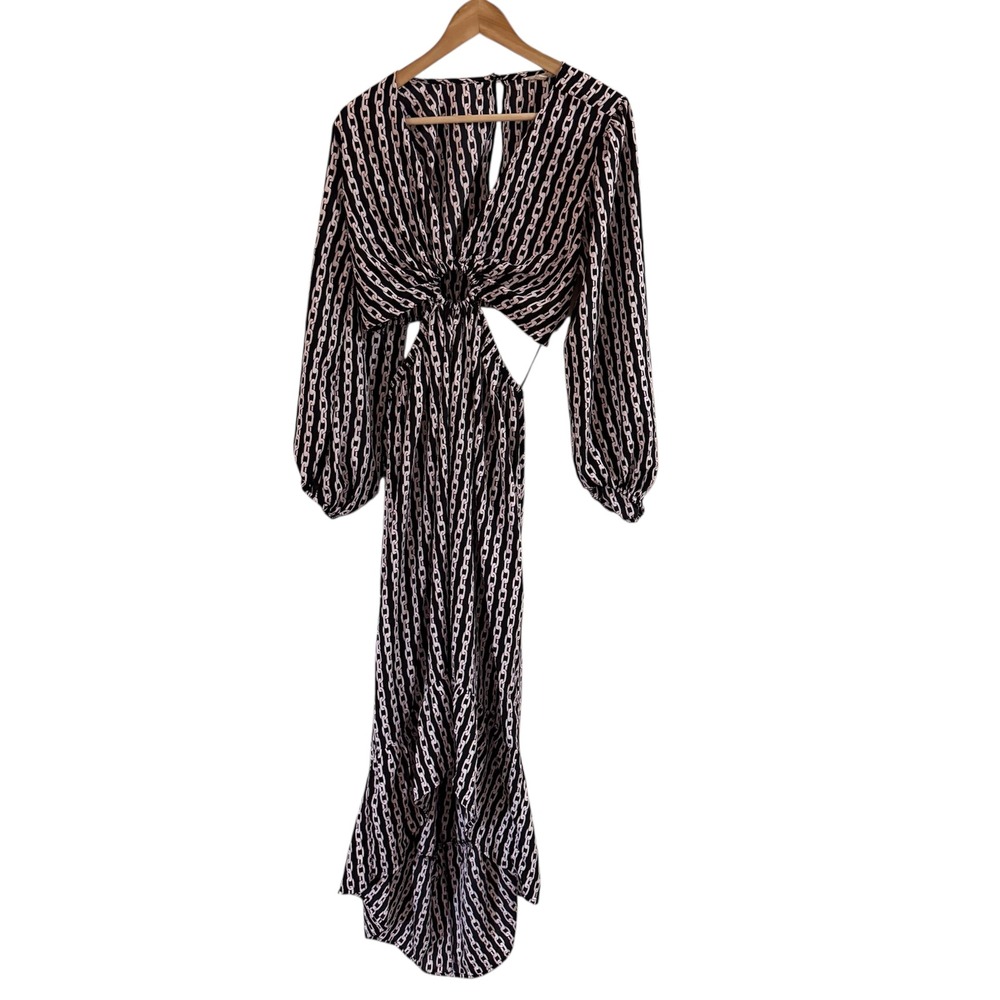 Indulge Chain Print Cutout Knot Maxi Dress Womens L Black White Pink Long Sleeve